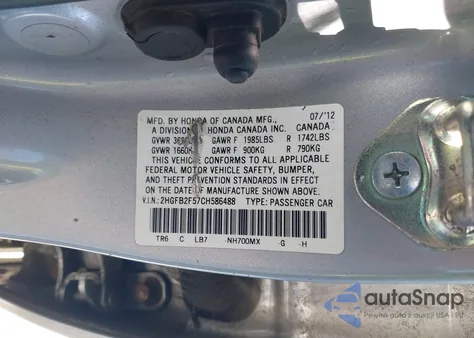 2012 Honda Civic Lx z USA, uszkodzony, nr VIN 2HGFB2F57CH586488